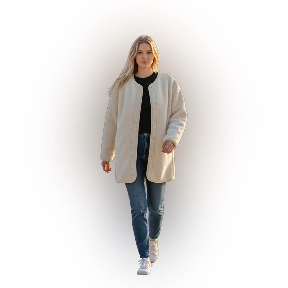 Plush textured jacket Sherpa fleece liner cozy Crewneck liner w/ snap closure M - Picture 1 of 7